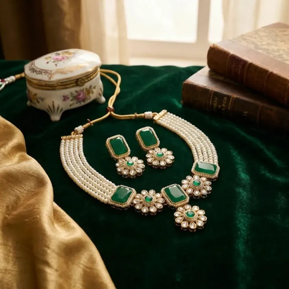 Green stone kundan necklace set - jeweller set