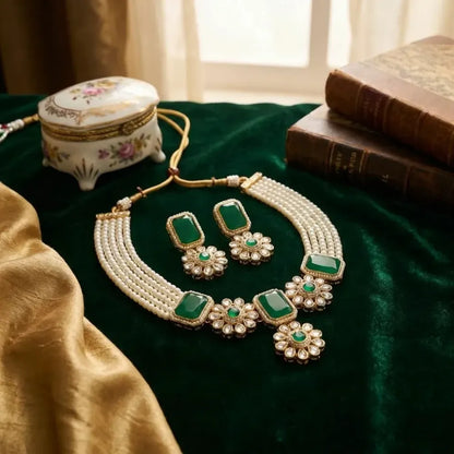 Green stone kundan necklace set - jeweller set