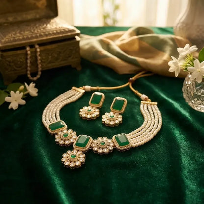 Green stone kundan necklace set - jeweller set