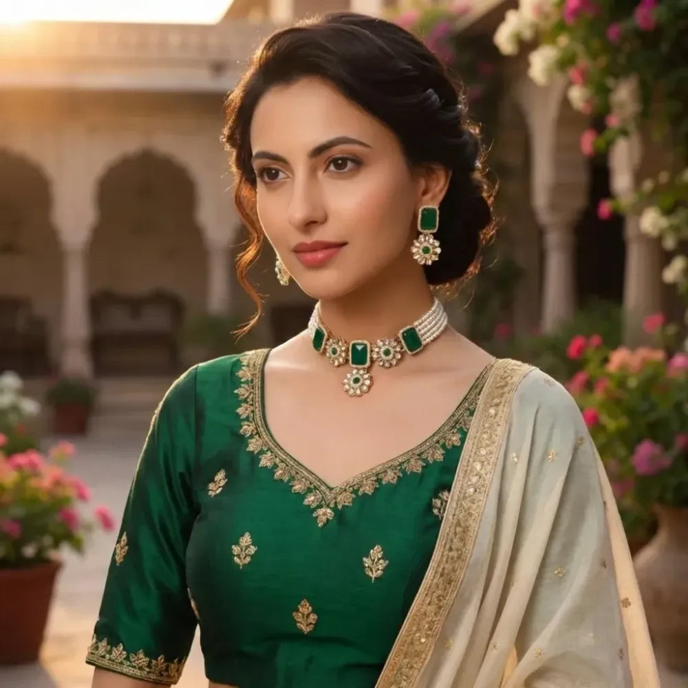 Green stone kundan necklace set - jeweller set