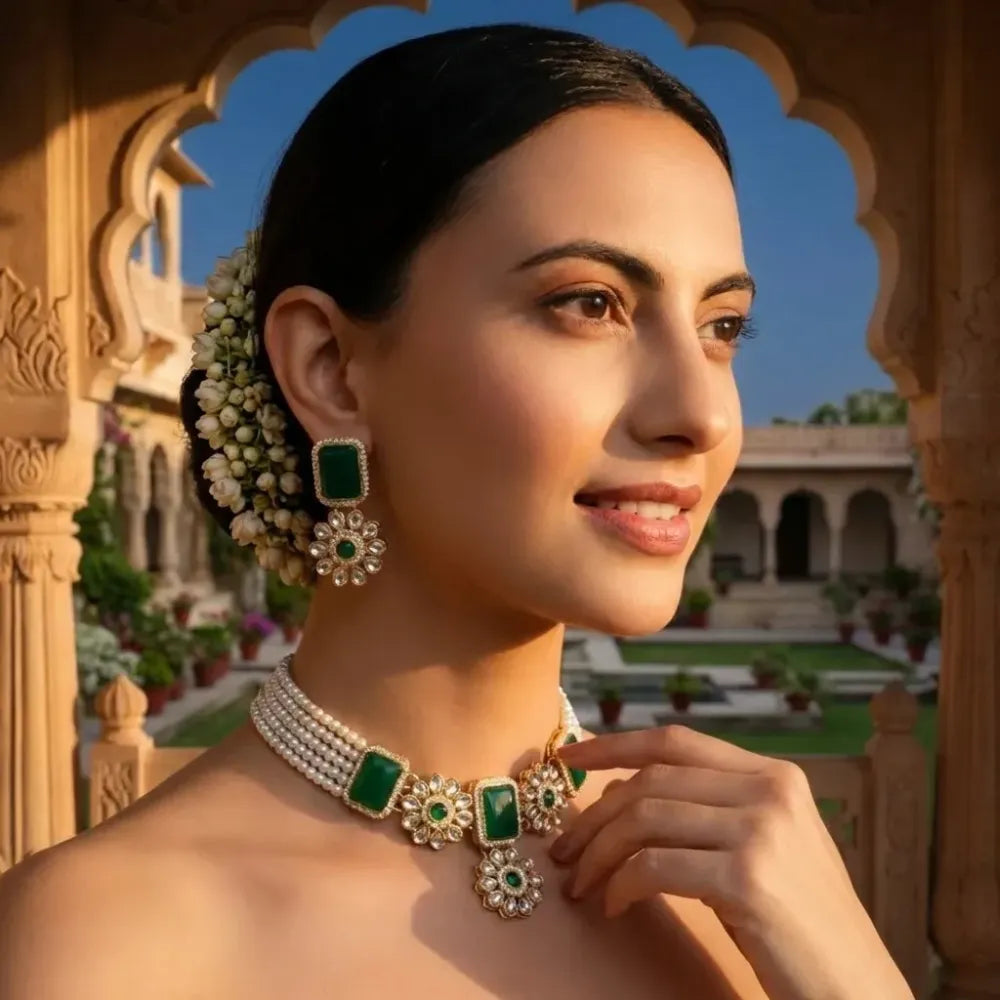 Green stone kundan necklace set - jeweller set
