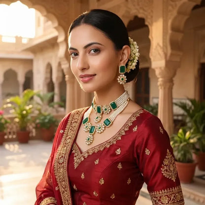 Green stone kundan necklace set - jeweller set