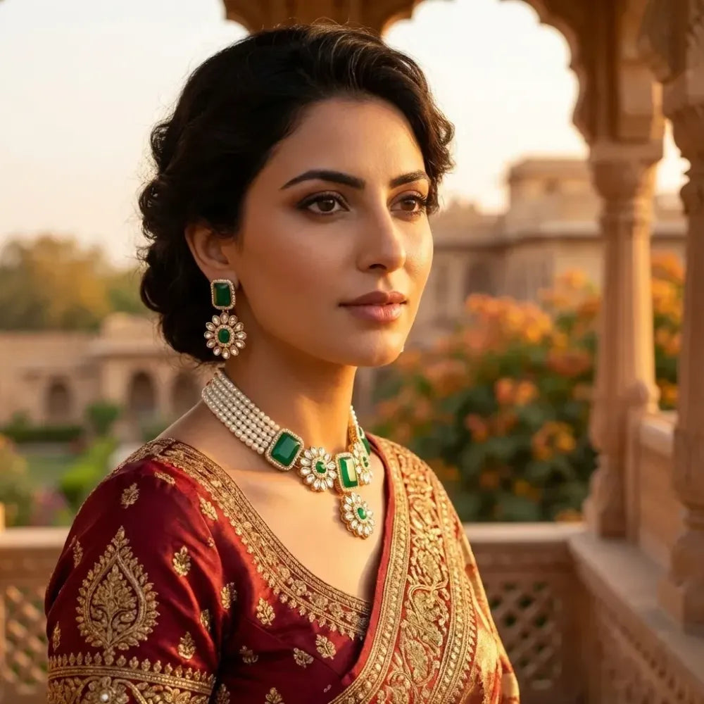Green stone kundan necklace set - jeweller set