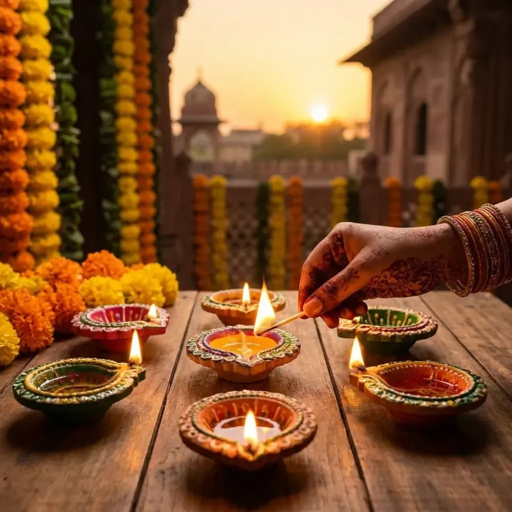 Hand-painted clay puja diya set - home improvement