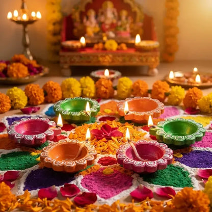 Hand-painted clay puja diya set - home improvement