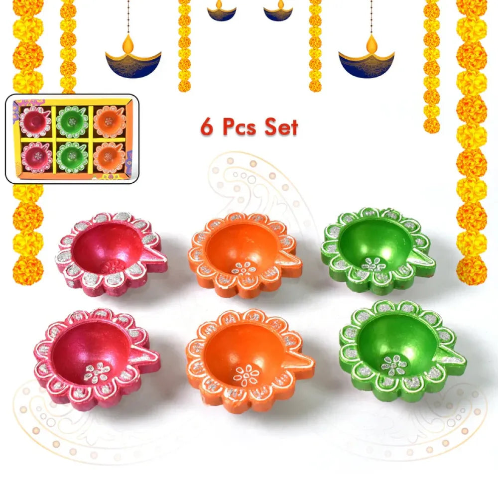 Hand-painted clay puja diya set