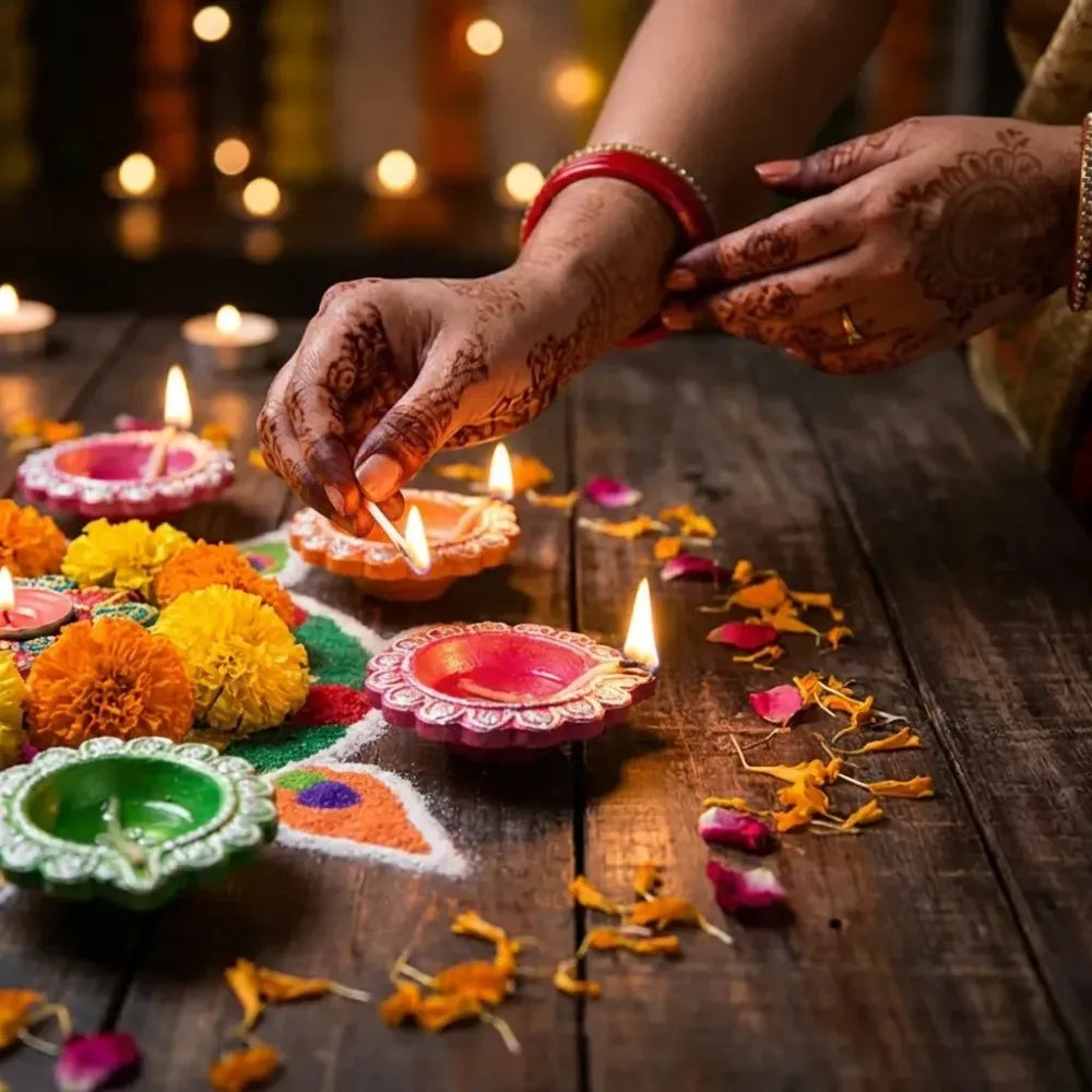 Hand-painted clay puja diya set - home improvement