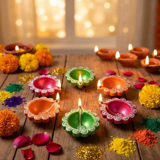Hand-painted clay puja diya set - home improvement