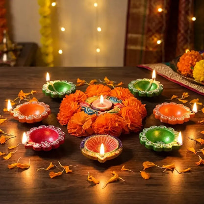 Hand-painted clay puja diya set - home improvement