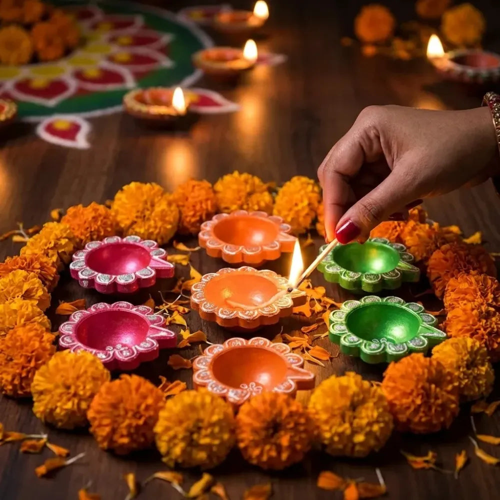 Hand-painted clay puja diya set - home improvement