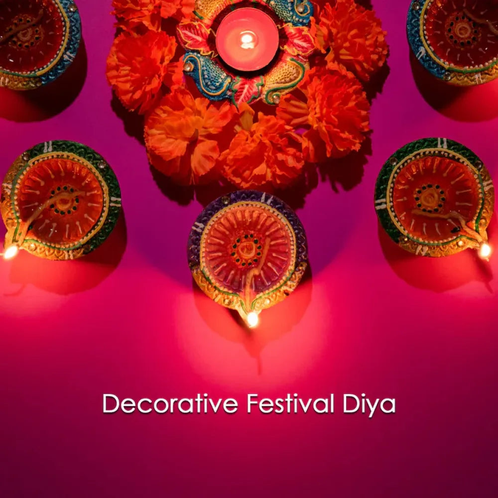 Hand-painted clay puja diya set