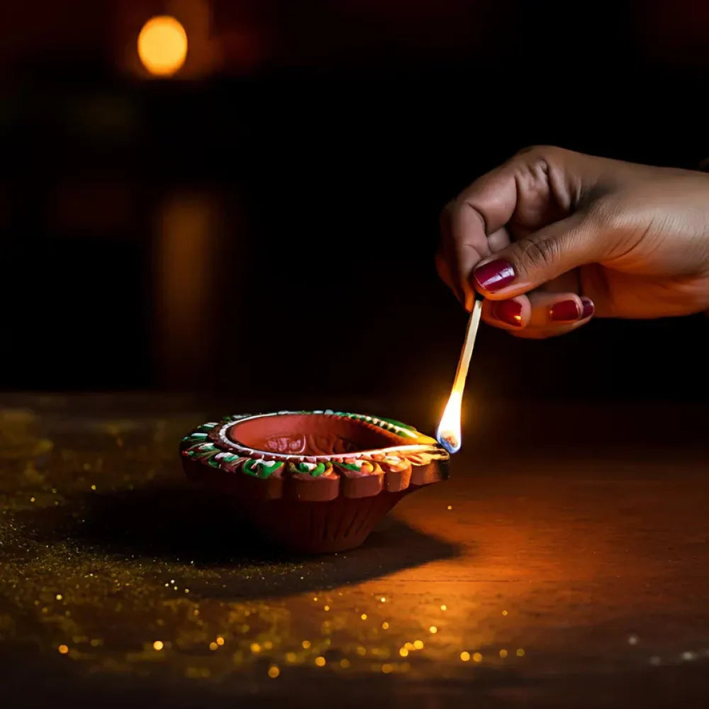 Hand-painted clay puja diya set