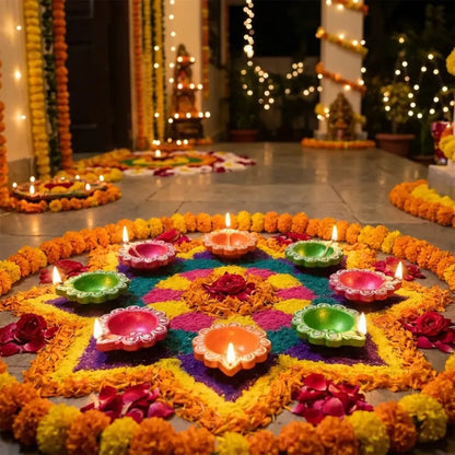 Hand-painted clay puja diya set - home improvement