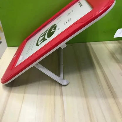 Red-framed tablet with a white stand.