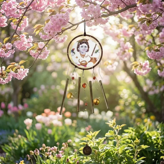 Krishna medallion dream catcher wind chime pendant wall hanging - spiritual home decor - improvement