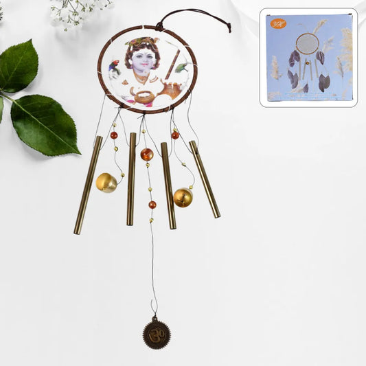 Krishna medallion dream catcher wind chime pendant wall hanging - spiritual home decor - improvement