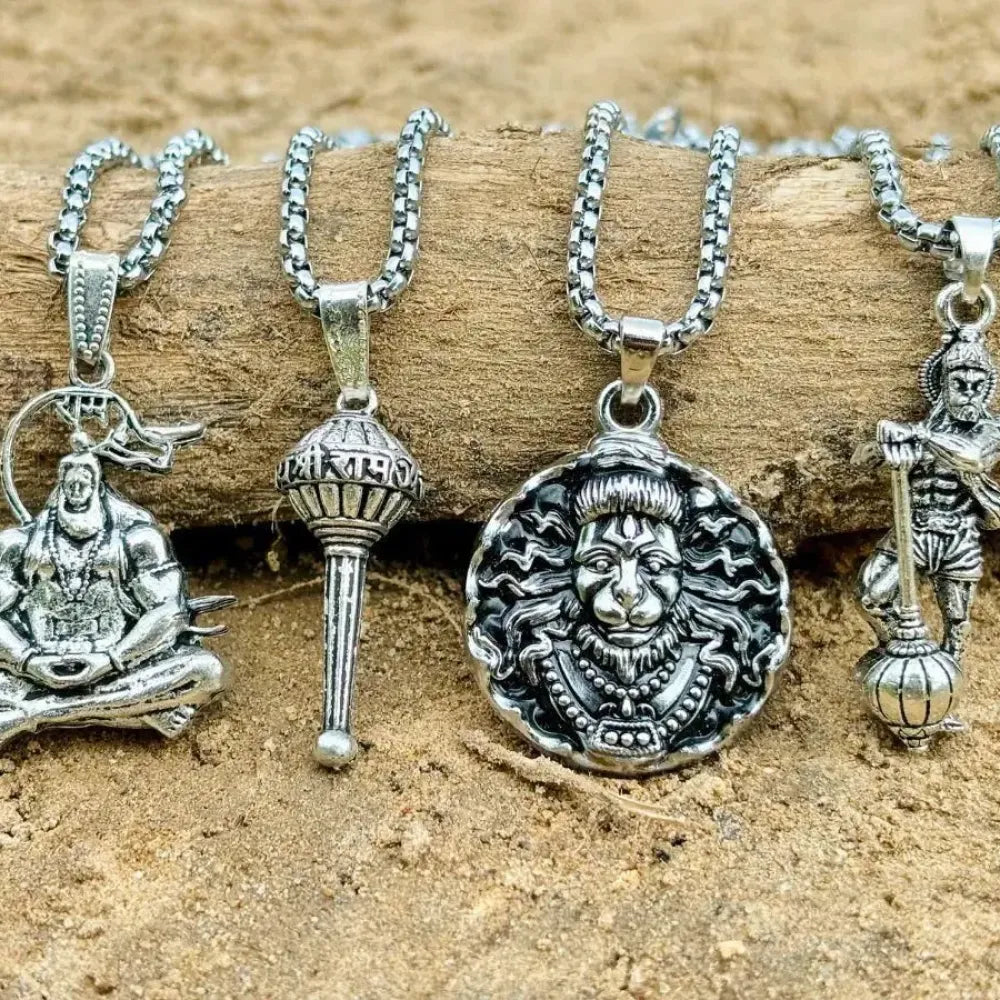 Oxidized finish hanuman pendants with chains - pack of 4