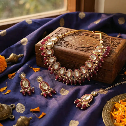Majestic maroon meenakari kundan set – 3 pcs - jeweller set