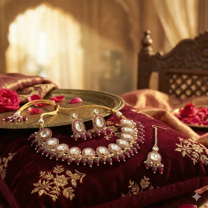Majestic maroon meenakari kundan set – 3 pcs - jeweller set