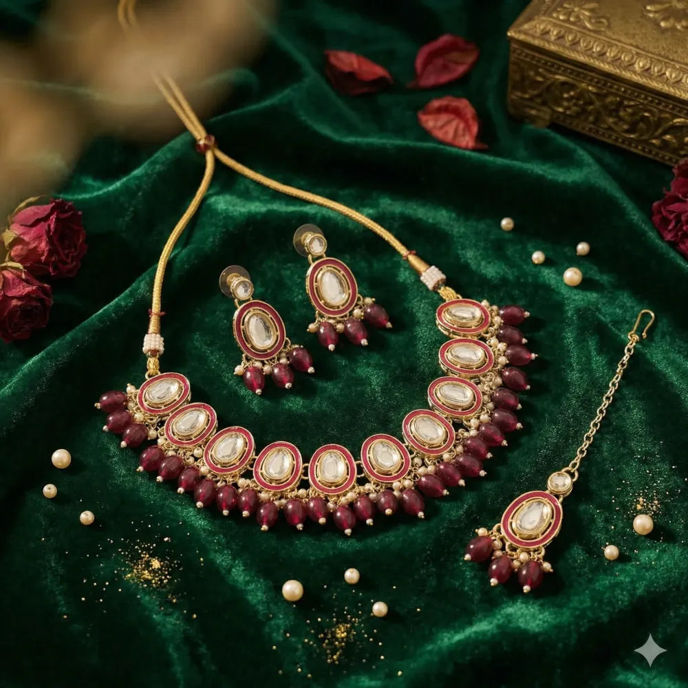 Majestic maroon meenakari kundan set – 3 pcs - jeweller set