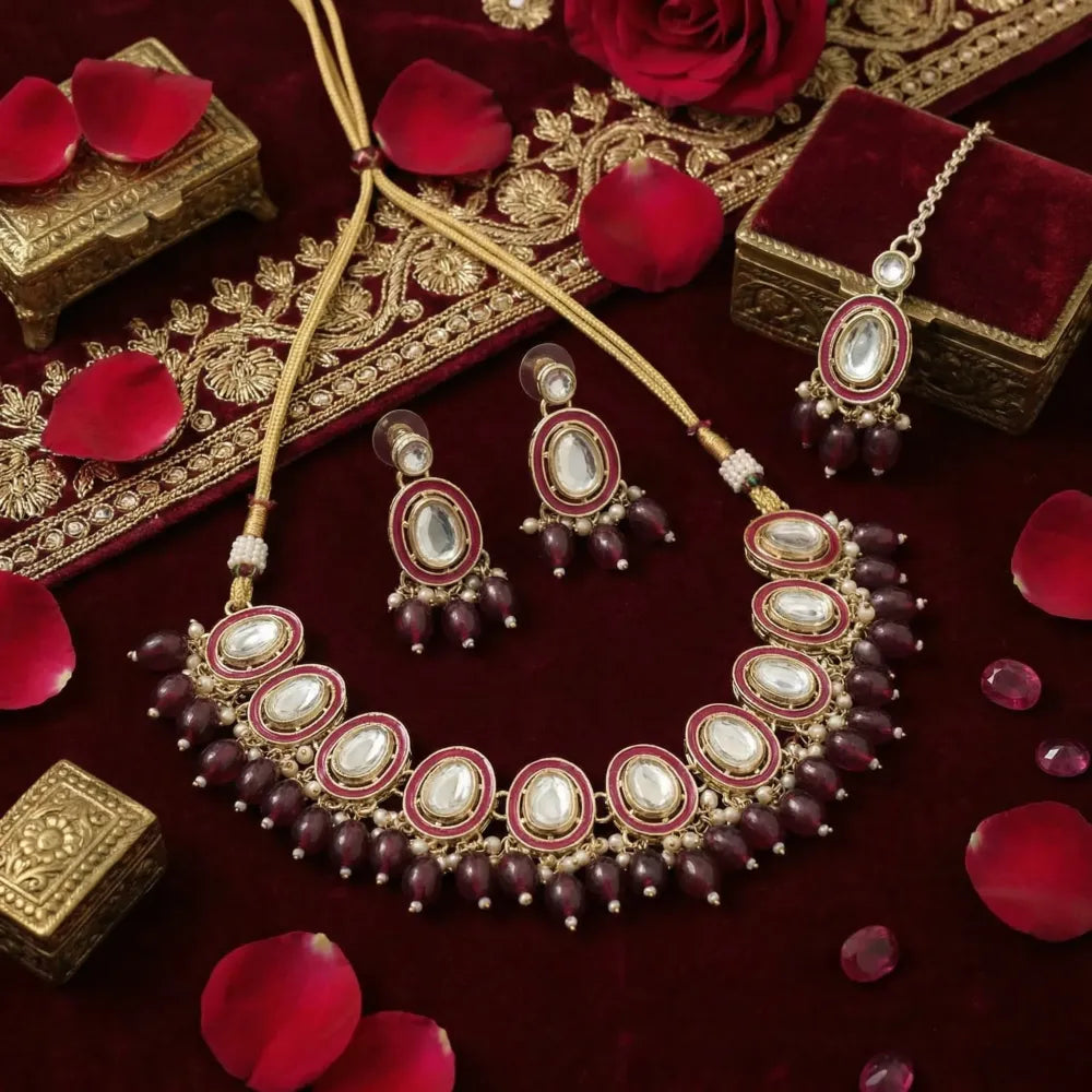 Majestic maroon meenakari kundan set – 3 pcs - jeweller set