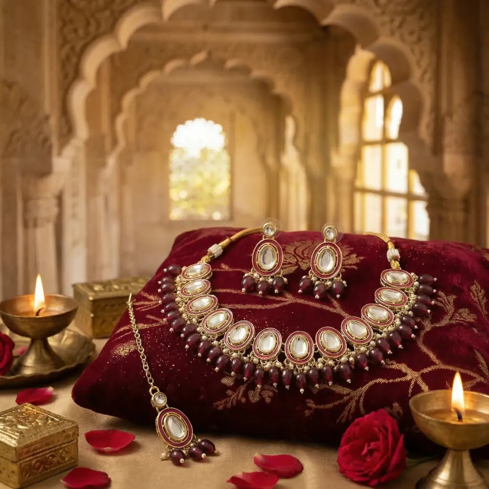 Majestic maroon meenakari kundan set – 3 pcs - jeweller set