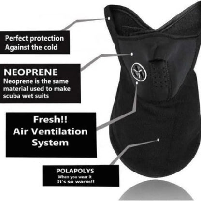 Black neoprene face mask with air ventilation.