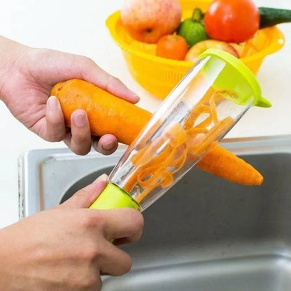 Carrot being spiralized with a green-accented kitchen gadget.