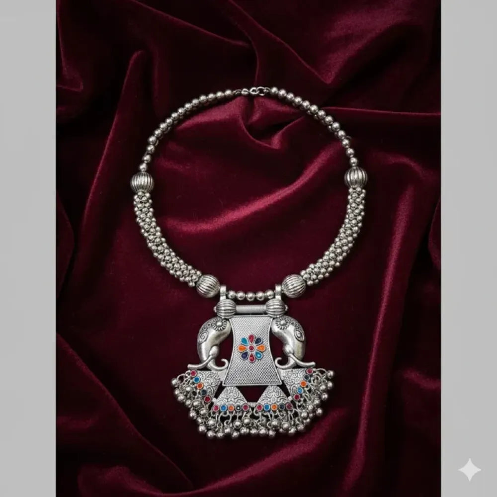 Oxidised elephant pendant choker necklace - jeweller set