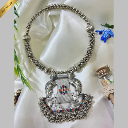 Oxidised elephant pendant choker necklace - jeweller set