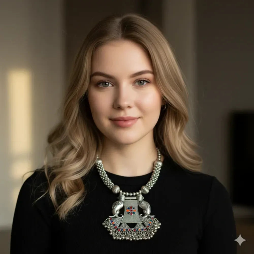 Oxidised elephant pendant choker necklace - jeweller set