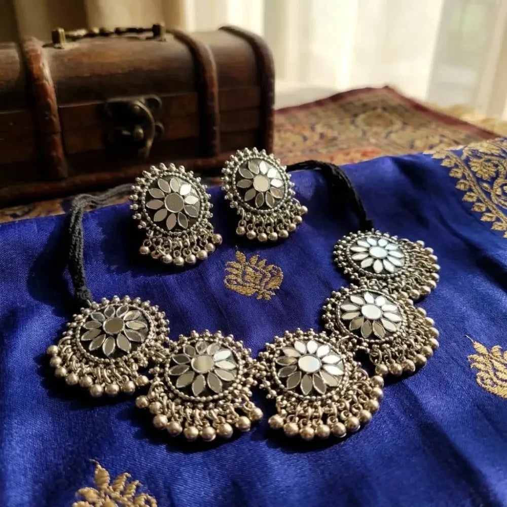 Oxidised floral mirror choker set - jeweller set