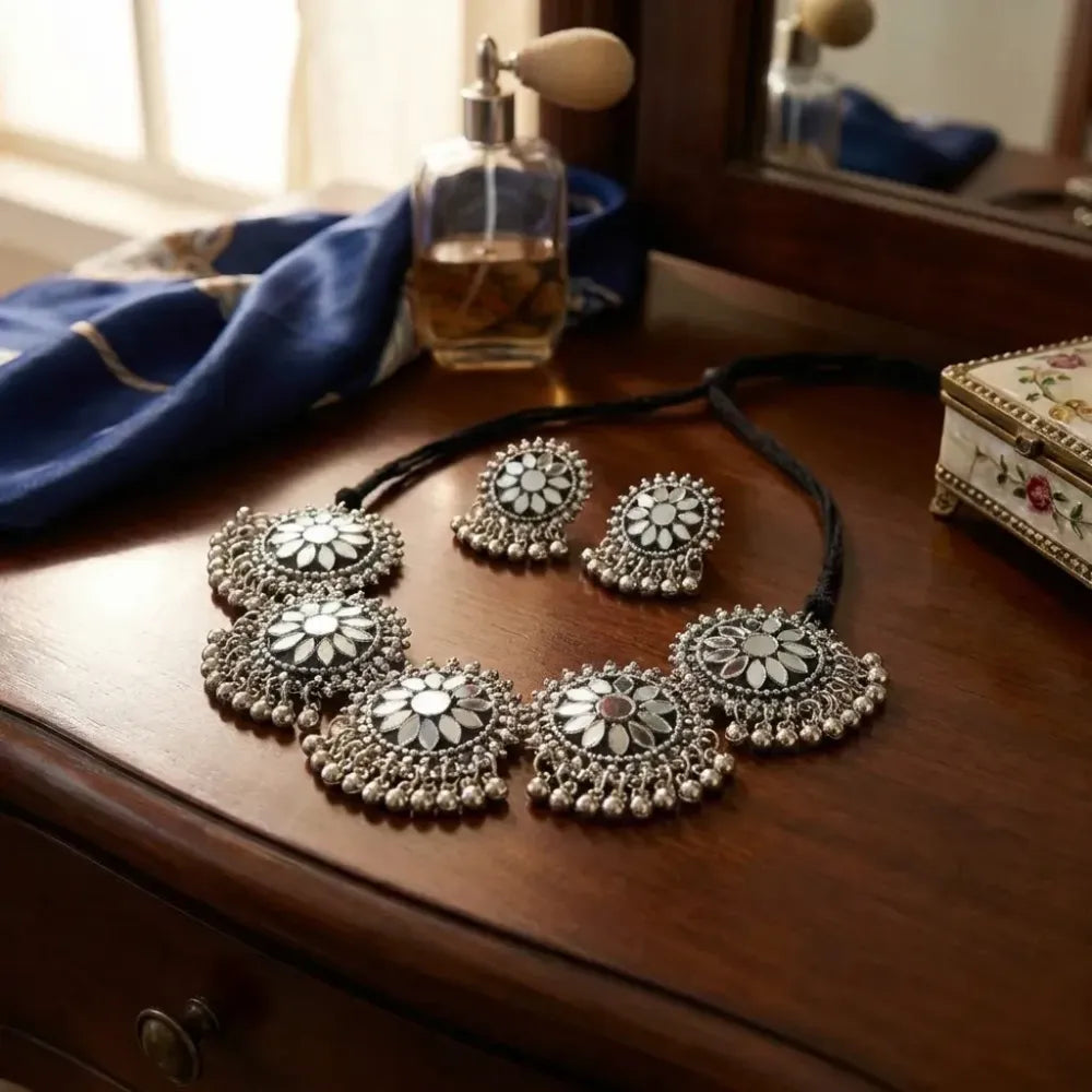 Oxidised floral mirror choker set - jeweller set