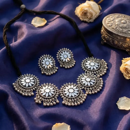 Oxidised floral mirror choker set - jeweller set