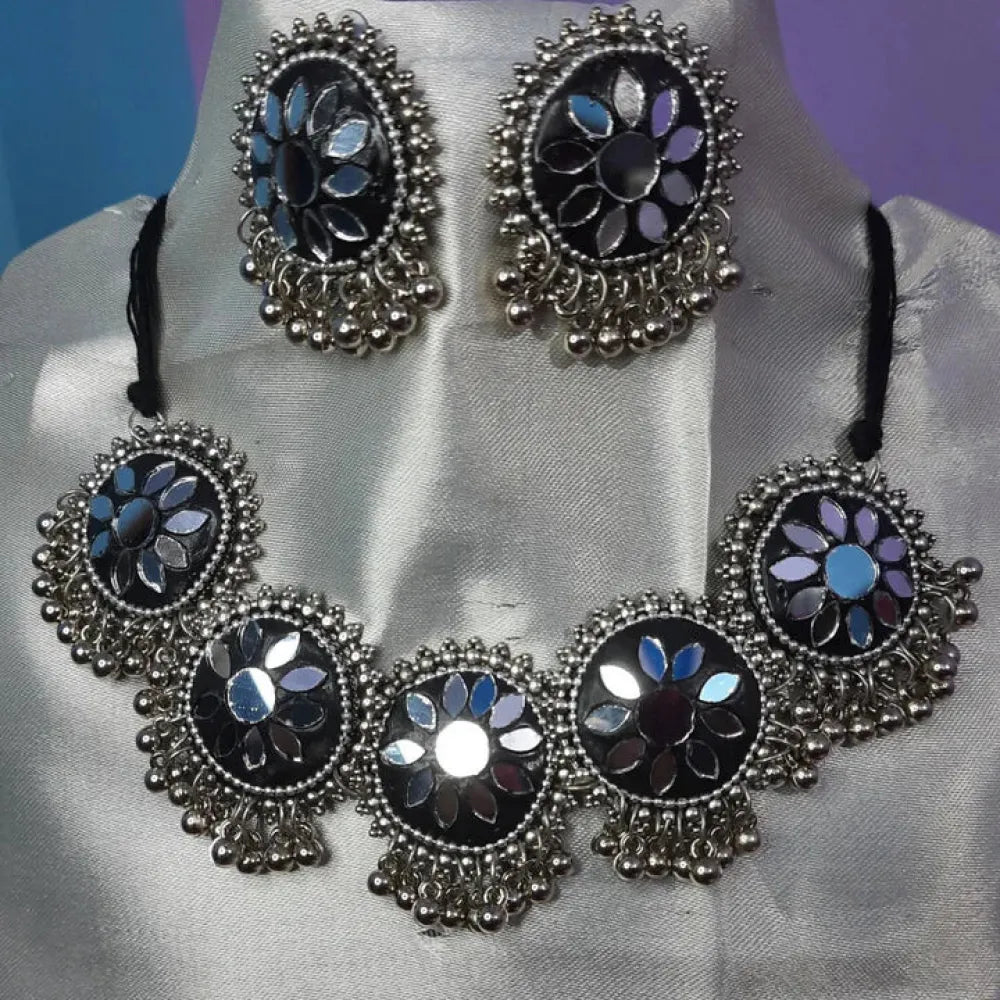 Oxidised floral mirror choker set