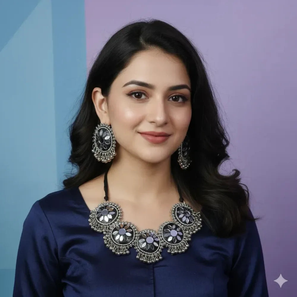 Oxidised floral mirror choker set