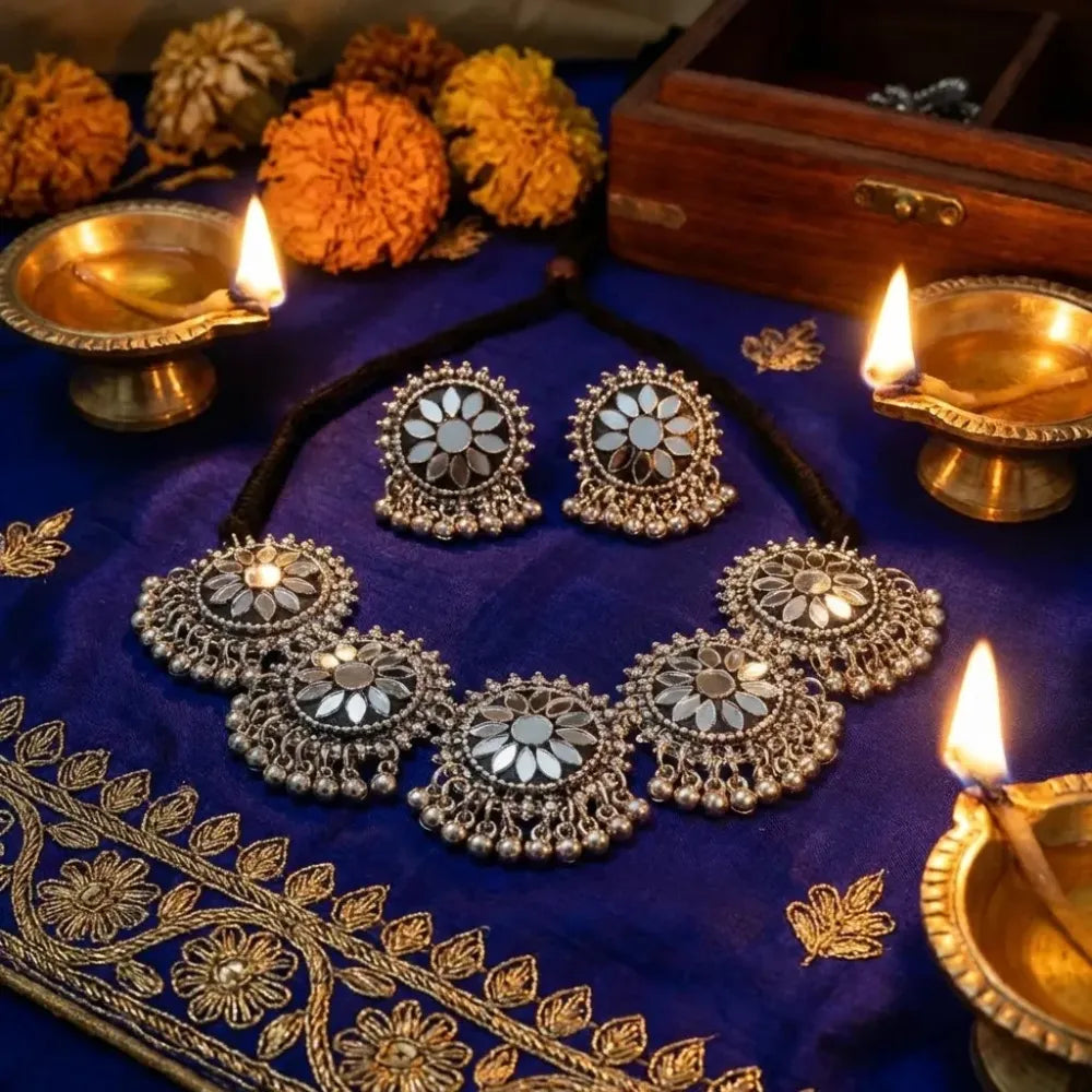 Oxidised floral mirror choker set - jeweller set