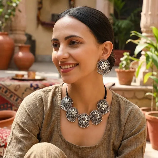 Oxidised floral mirror choker set - jeweller set