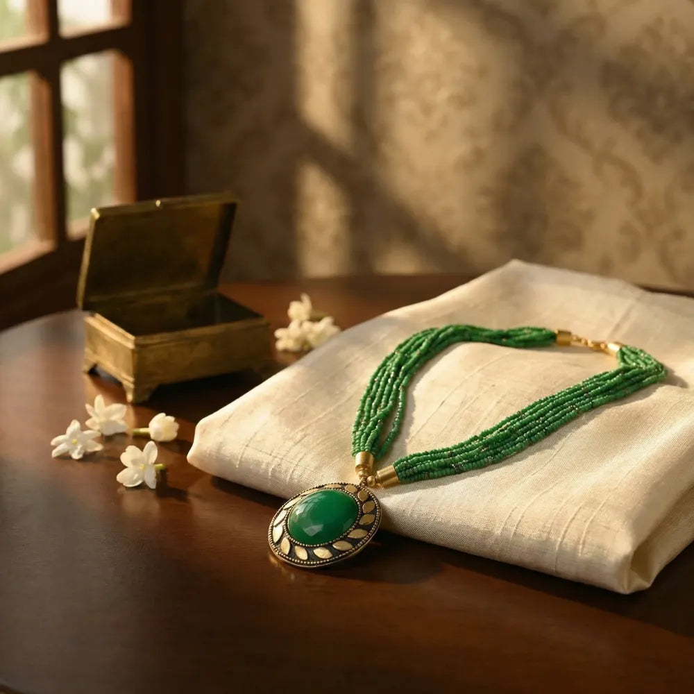 Oxidised green beaded necklace - jeweller set