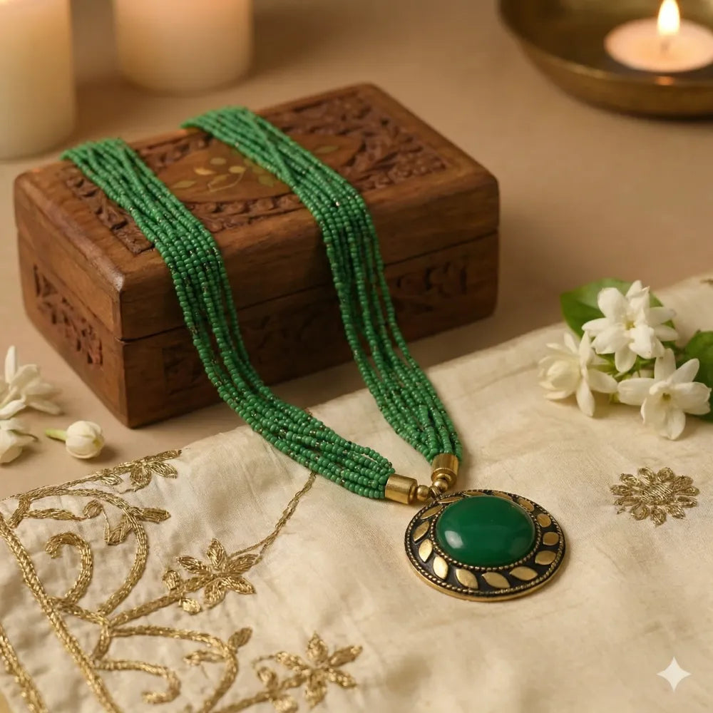 Oxidised green beaded necklace - jeweller set