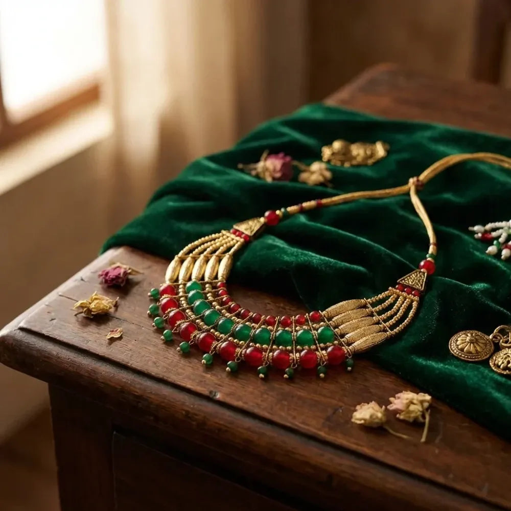 Oxidised red & green beaded necklace - jeweller set