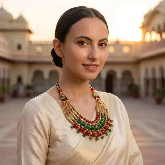 Oxidised red & green beaded necklace - jeweller set