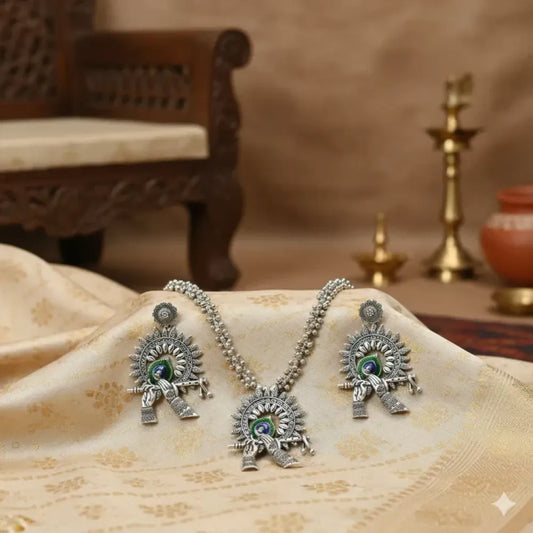 Oxidised silver peacock pendant necklace set - jeweller set