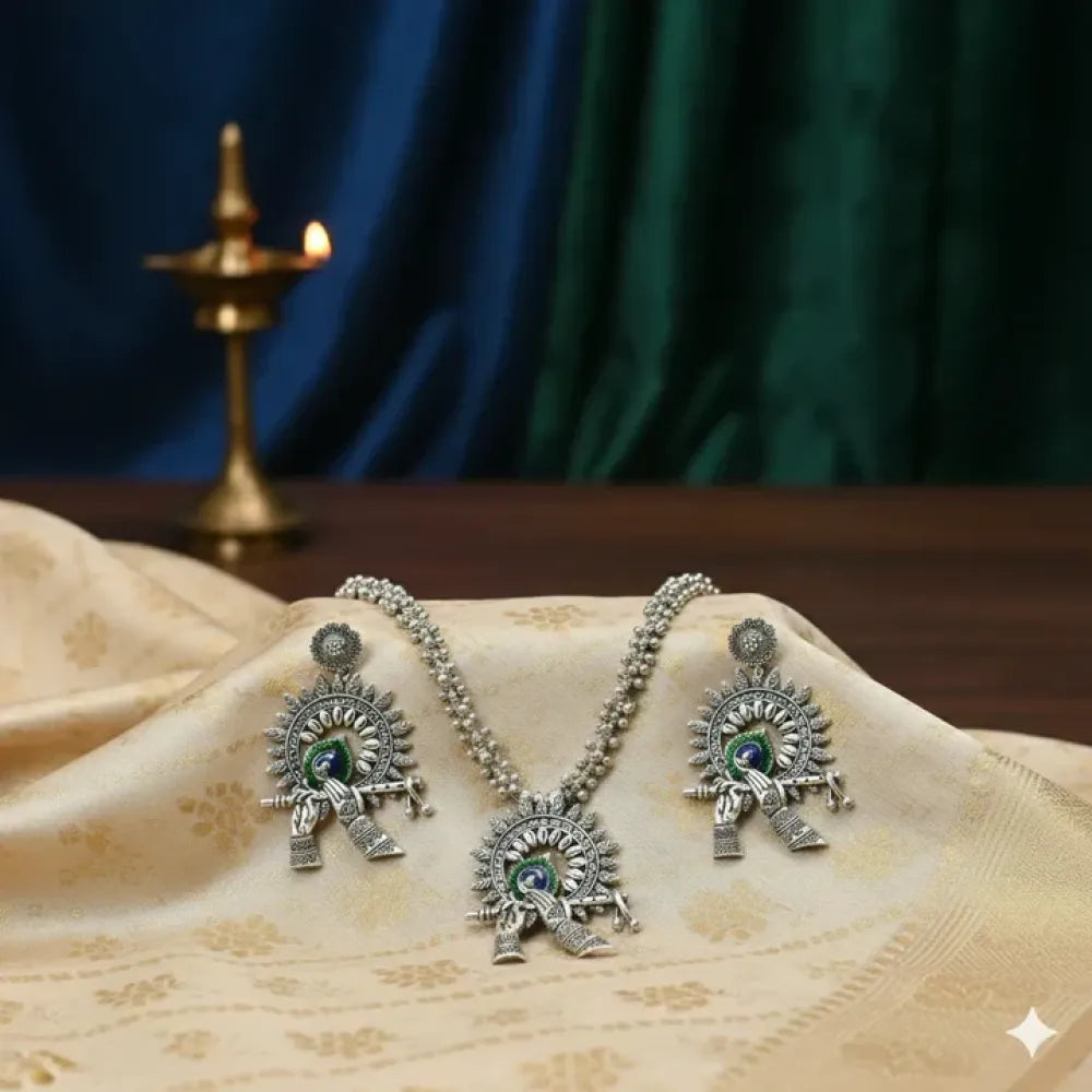Oxidised silver peacock pendant necklace set - jeweller set