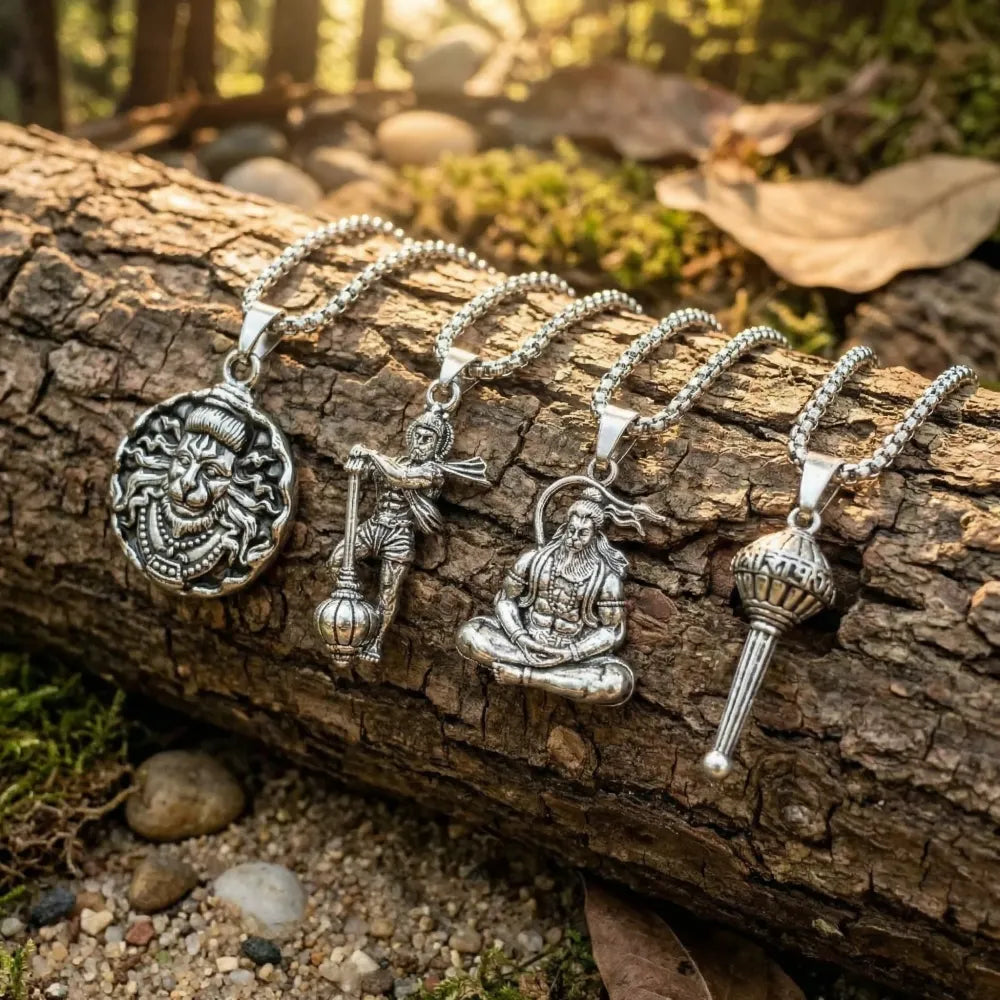 Oxidized finish hanuman pendants with chains - pack of 4