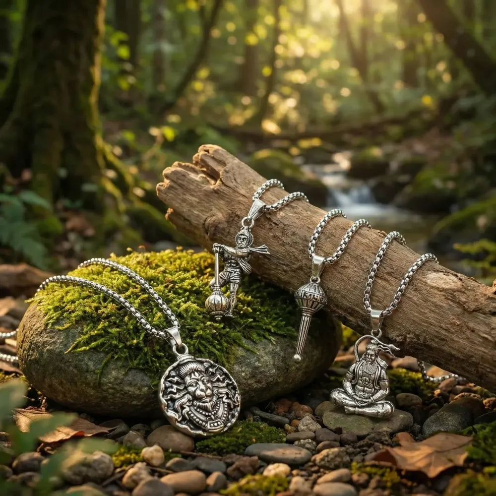 Oxidized finish hanuman pendants with chains - pack of 4