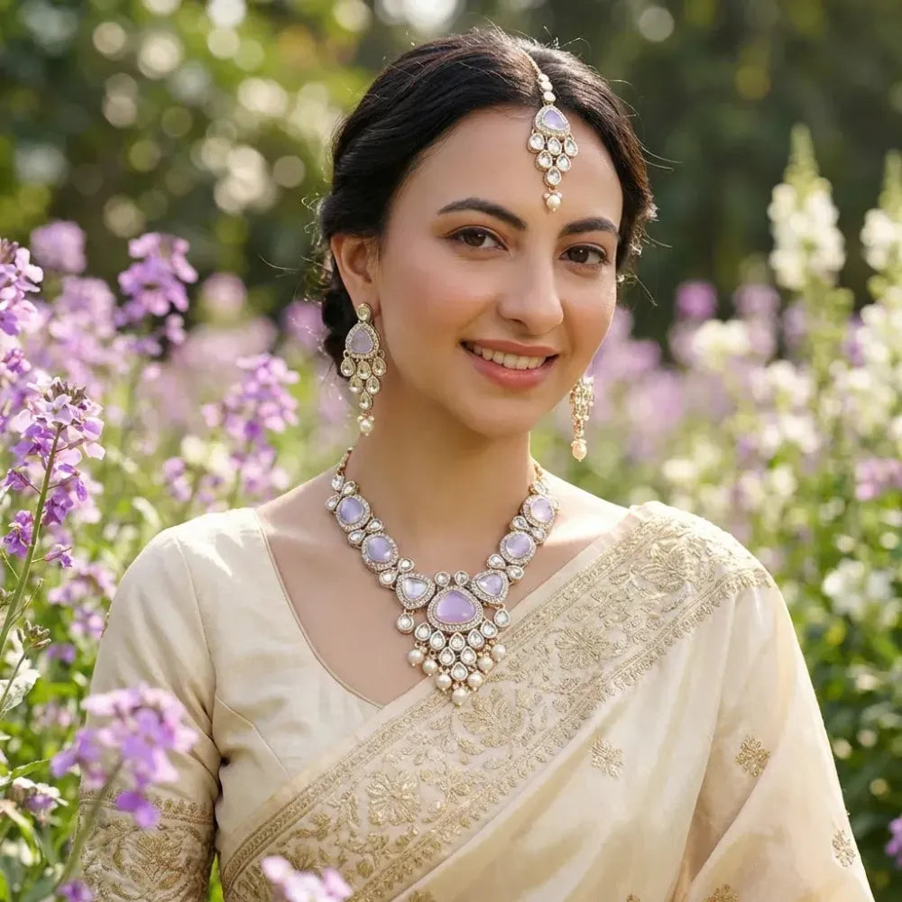 Pastel lavender kundan & pearl set - jeweller set