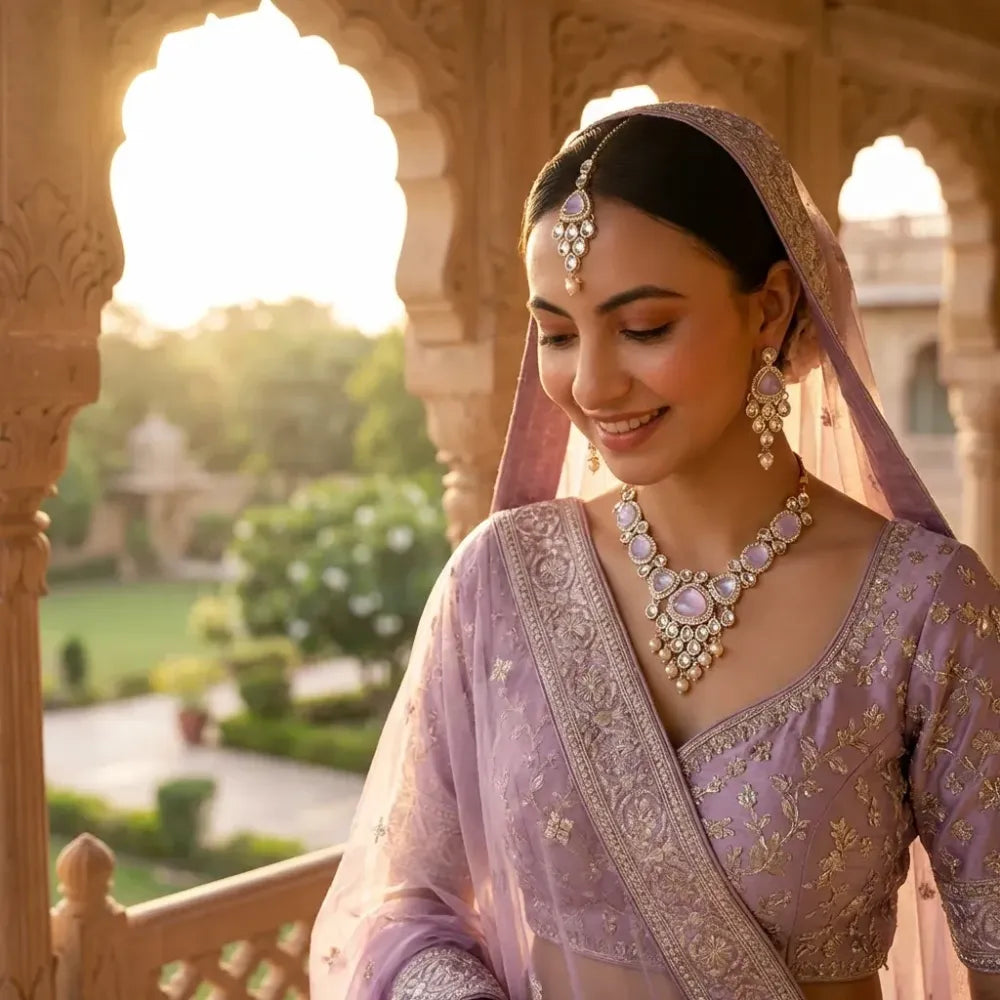 Pastel lavender kundan & pearl set - jeweller set