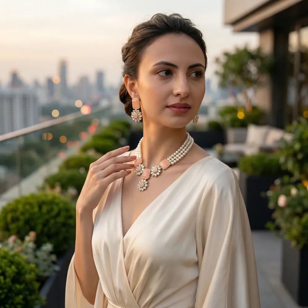 Peach kundan necklace set - jeweller set