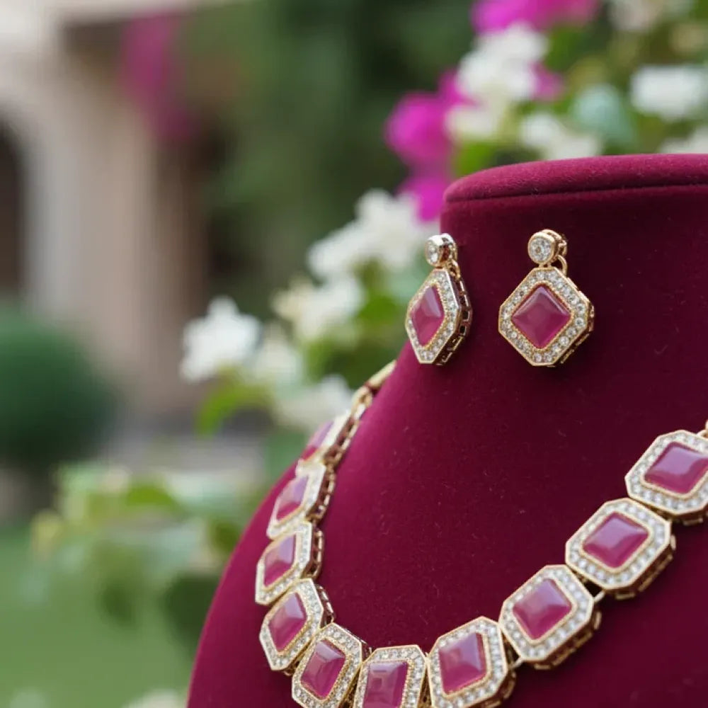 Pink cz necklace set